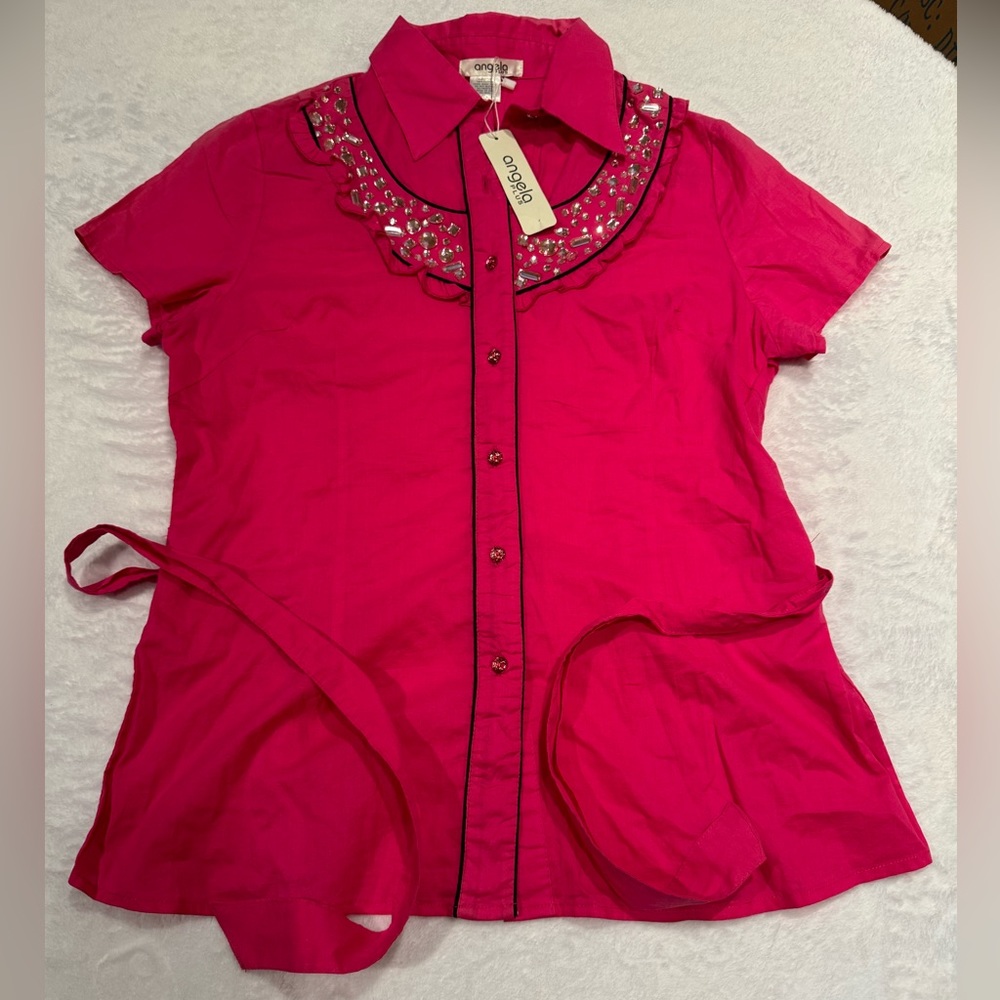 Women’s Angela Plus Size 1X Pink Button Up Shirt With Removable Sash New